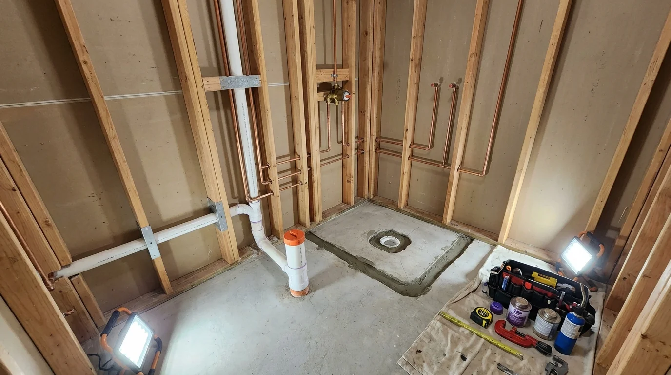 Bathroom rough-in plumbing during remodel by Johns Plumbing LLC in Prairie City