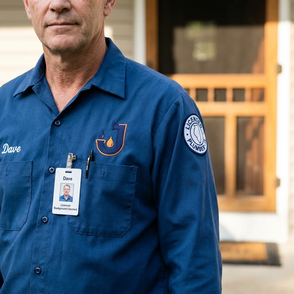 Licensed plumber showing ID badge in Prairie City, IA
