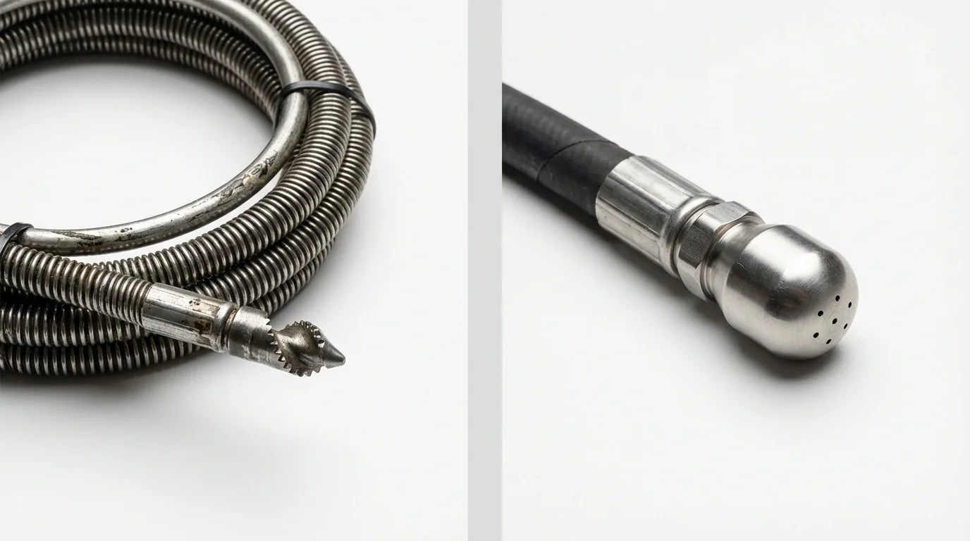 Drain snake cable and hydro jetting nozzle used for drain cleaning in Prairie City, IA