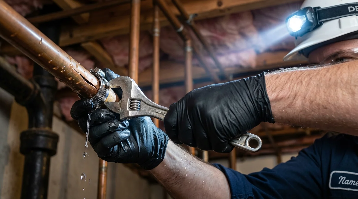 Emergency pipe clamp repair being performed by a Johns Plumbing LLC plumber in Prairie City