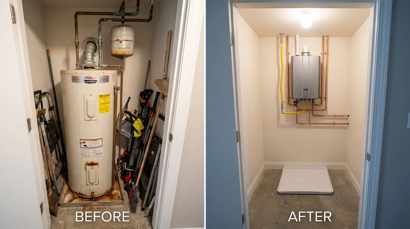 Tank water heater versus wall-mounted tankless unit comparison for Prairie City, IA homeowners