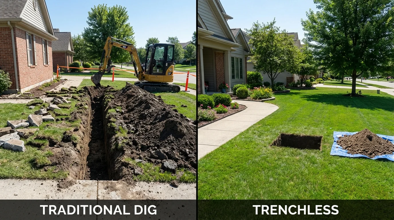 Trenchless sewer repair with minimal yard damage versus traditional excavation in Prairie City, IA