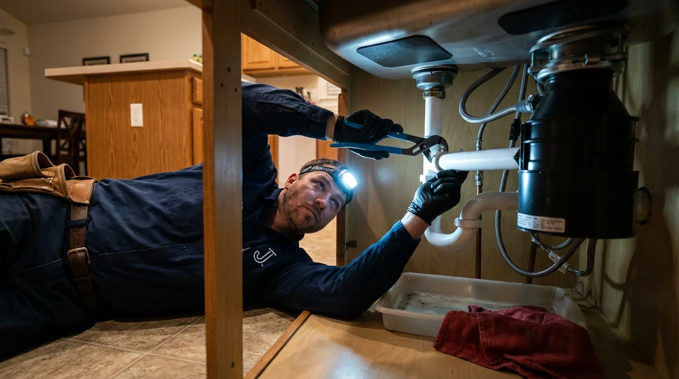 P-trap and supply line connections under a kitchen sink showing a common leak point in Prairie City, IA
